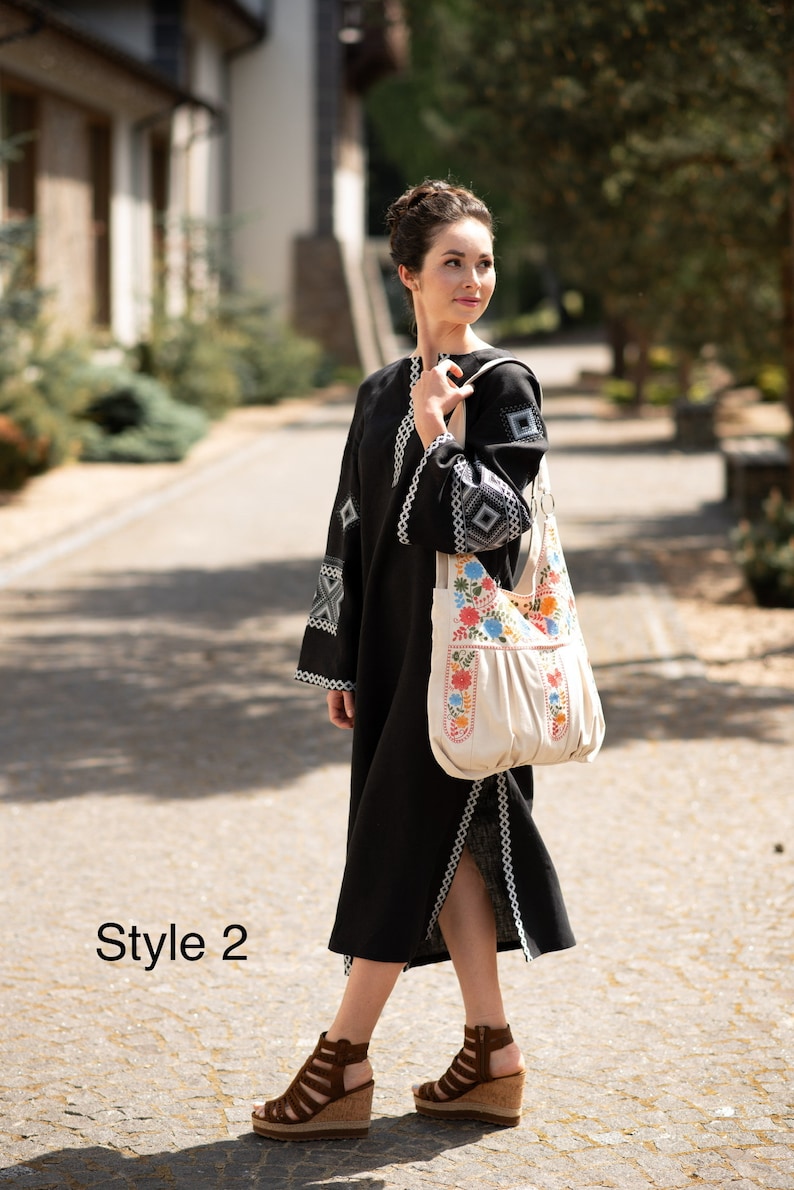 Beige Embroidered Shoulder Bag with Floral Folk Pattern, Pleated Boho Handbag with Metal Rings, Statement Fabric Tote