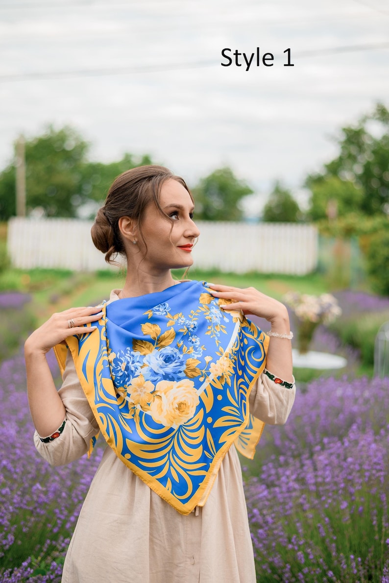 Blue & Yellow Floral Square Scarf, Vintage Style Headscarf with Rose Pattern, Lightweight Neck or Hair Accessory