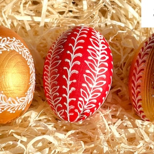 Set of 3 hand painted Easter eggs, Red gold white Ukrainian pysanky, Style decorative eggs, Gift box, Spring holiday ornament
