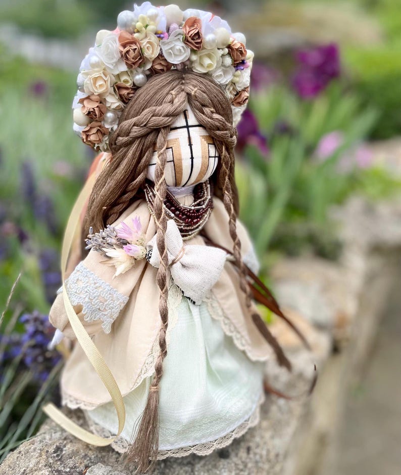 Handmade Ukrainian motanka doll for marriage wish with floral crown