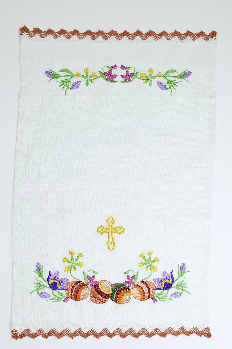 Embroidered Easter basket cover linen towel with cross and floral motifs, Lace edge Pascha cloth, Spring table decor handmade gift