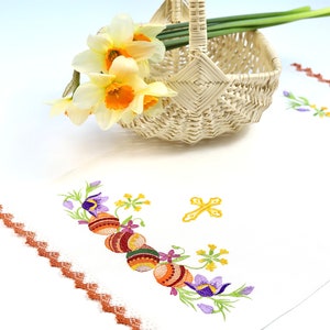 Embroidered Easter basket cover linen towel with cross and floral motifs, Lace edge Pascha cloth, Spring table decor handmade gift