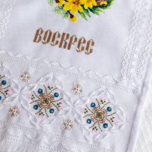 Orthodox Easter Basket Cover with Lace Fringe – Cross Stitch Pascha Towel, Kulich and Eggs Design, Cyrillic ‘Christ Is Risen’ Cloth