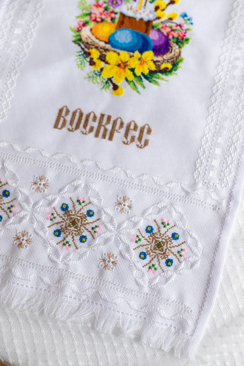 Orthodox Easter Basket Cover with Lace Fringe – Cross Stitch Pascha Towel, Kulich and Eggs Design, Cyrillic ‘Christ Is Risen’ Cloth
