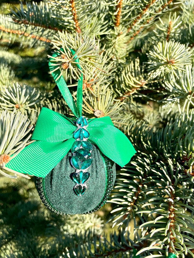 Set of green handmade Christmas tree decorations