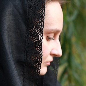 Mantilla church veil black head scarf with lace trim for women, Traditional orthodox catholic prayer shawl for worship and modest wear