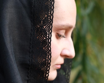 Mantilla church veil black head scarf with lace trim for women, Traditional orthodox catholic prayer shawl for worship and modest wear