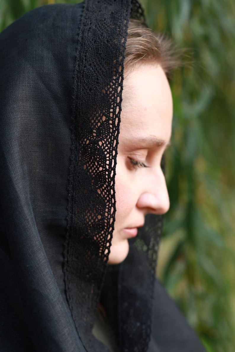 Mantilla church veil black head scarf with lace trim for women, Traditional orthodox catholic prayer shawl for worship and modest wear