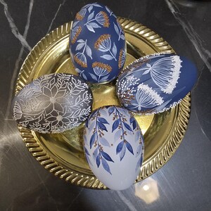Blue and silver hand painted decorative egg set of 4, Textured botanical eggs, Artisan spring home decor