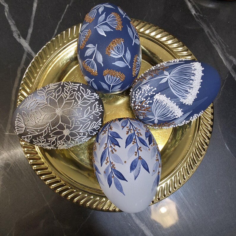 Blue and silver hand painted decorative egg set of 4, Textured botanical eggs, Artisan spring home decor