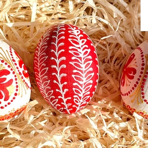 Set of 3 hand painted Easter eggs, Red gold white Ukrainian pysanky, Style decorative eggs, Gift box, Spring holiday ornament