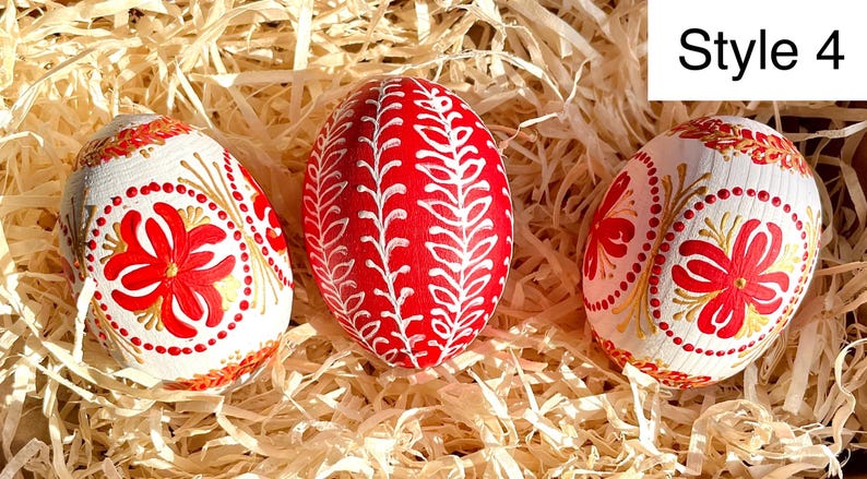 Set of 3 hand painted Easter eggs, Red gold white Ukrainian pysanky, Style decorative eggs, Gift box, Spring holiday ornament