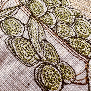 May include: Close-up of a beige fabric with green embroidery. The embroidery features a repeating pattern of leaves and swirls.