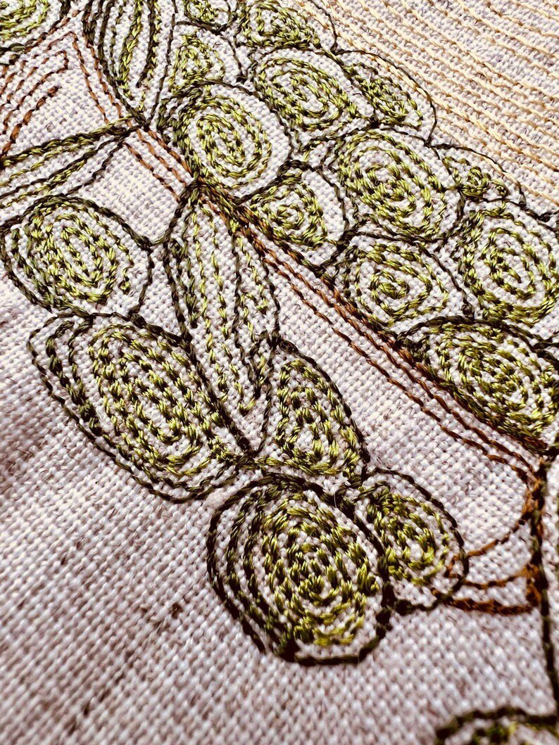 May include: Close-up of a beige fabric with green embroidery. The embroidery features a repeating pattern of leaves and swirls.