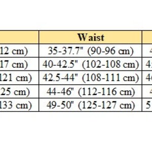 May include: A size chart detailing chest, waist, and hip measurements in both inches and centimetres. Sizes range from 46 to 54. The table has a yellow header and provides size conversions for clothing.