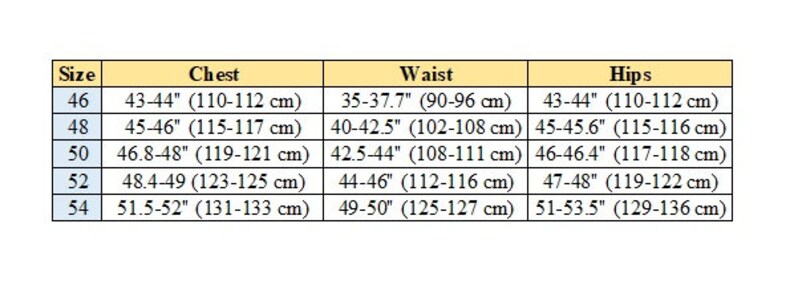 May include: A size chart detailing chest, waist, and hip measurements in both inches and centimetres. Sizes range from 46 to 54. The table has a yellow header and provides size conversions for clothing.