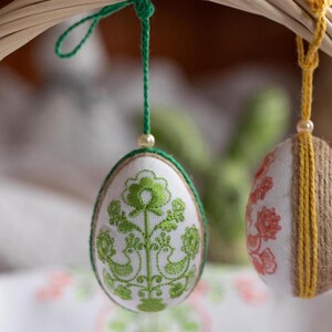 Green Embroidered Fabric Easter Egg Ornament with Hanging Cord, Slavic Floral Pysanka Style Decoration for Basket, Tree, Spring Home Décor