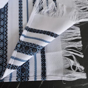 Embroidered towel with folk bird motif, White ukraine hand towel with blue ornament
