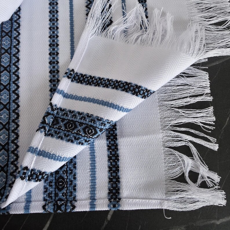 Embroidered towel with folk bird motif, White ukraine hand towel with blue ornament