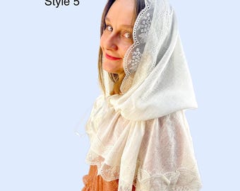 Linen chapel veil for mass, Wedding head veil, Traditional catholic veil, Catholic mantilla on drawstring, Natural head wrap, Church veil