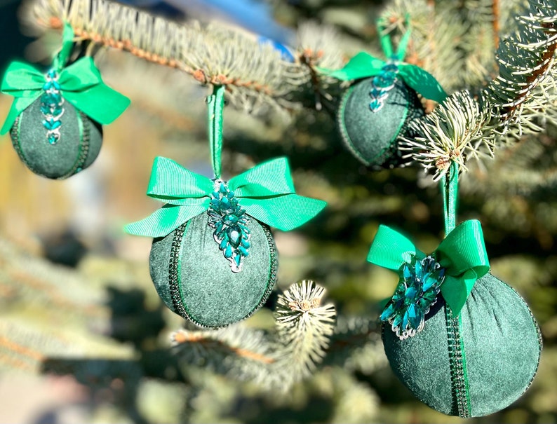 Set of green handmade Christmas tree decorations