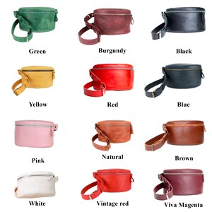 May include: A set of 12 oval-shaped fanny packs in various colors, including green, burgundy, black, yellow, red, blue, pink, natural, brown, white, vintage red, and viva magenta.