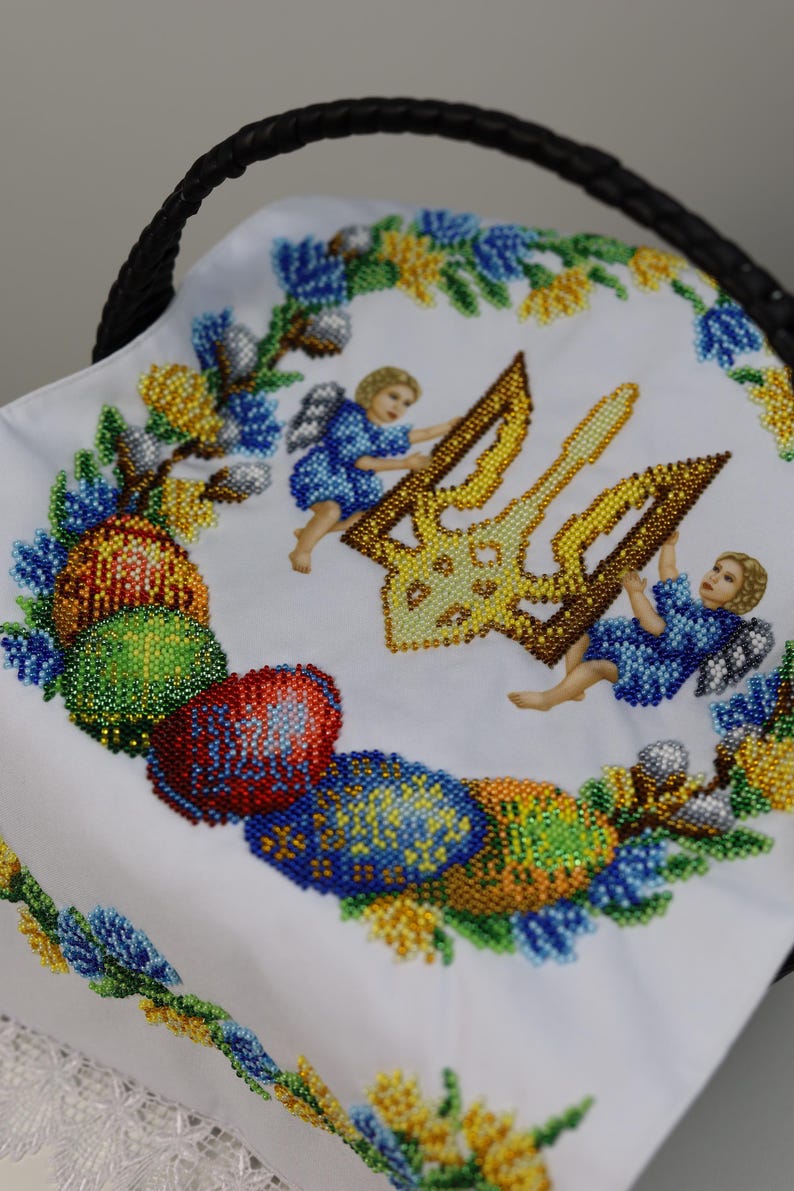 Ukrainian beaded Easter basket cover with trident & angels