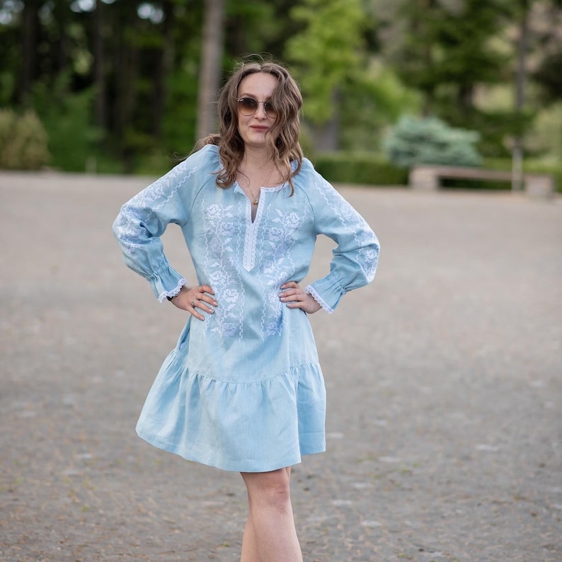Light blue linen dress with white embroidery
