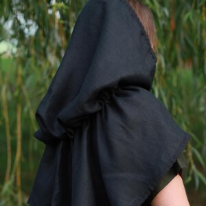 Victorian capelet black linen hooded lace trim shawl with ribbon tie, Modest church veil cowl, Gothic cloak style cover for weddings prayer