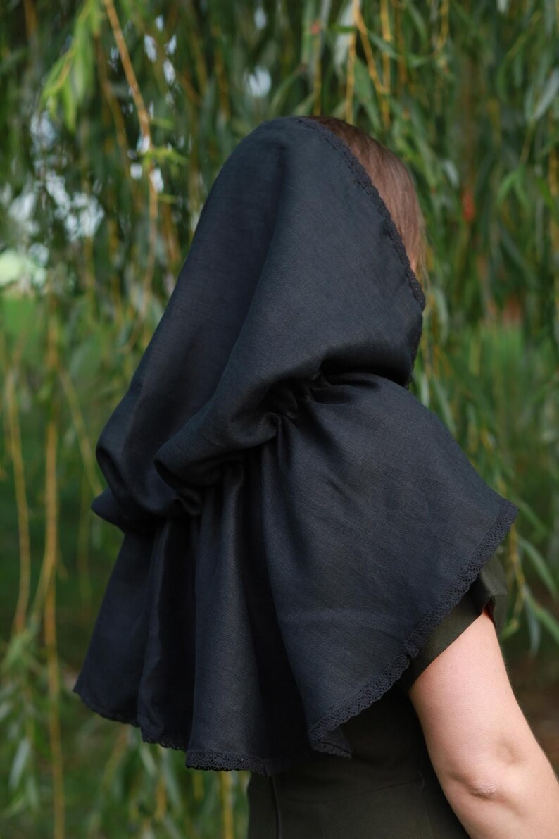Victorian capelet black linen hooded lace trim shawl with ribbon tie, Modest church veil cowl, Gothic cloak style cover for weddings prayer
