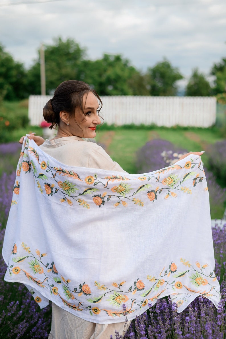 Linen Shawl with Floral Embroidery – White Embroidered Scarf with Peach Flowers, Folk Botanical Wrap