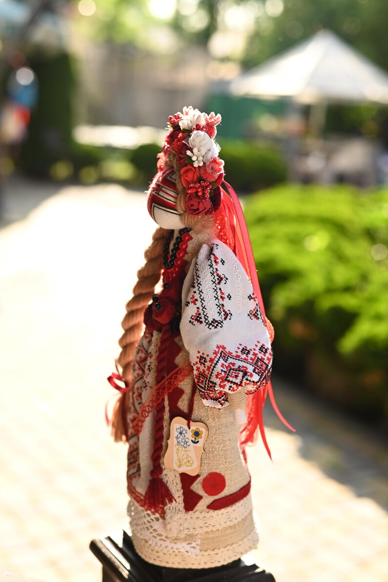 Handmade Ukrainian Motanka doll with embroidered face and traditional wreath, Collectible doll art, Unique decorative gift image 4