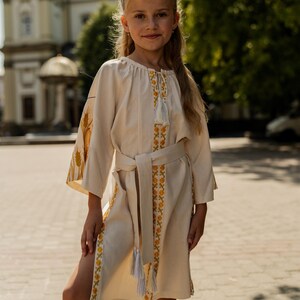 Blue Linen Vyshyvanka Dress, Girls Wheat Embroidery Folk Style Beige