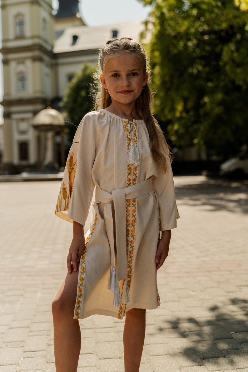 Blue Linen Vyshyvanka Dress, Girls Wheat Embroidery Folk Style Beige