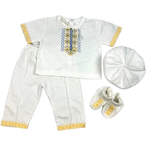 Yellow-blue cotton baptism outfit, Baby boy christening, Wedding outfit baby boy, Christian ceremonial clothing, Blue/White/Red outfit