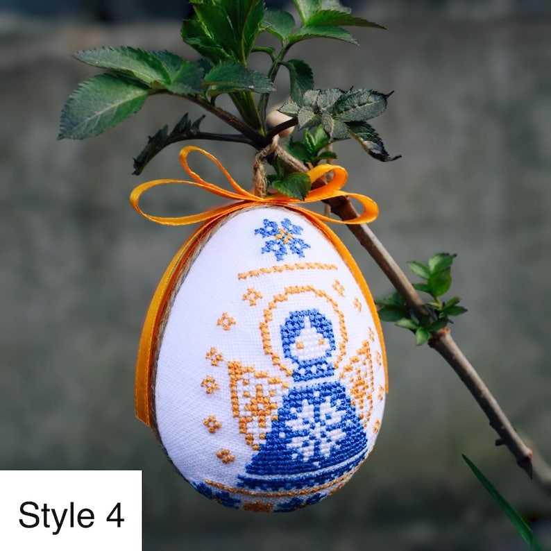 Easter Egg Ornament with Cross Stitch Angel in Blue and Yellow – Fabric Hanging Decoration with Ribbon, Religious Spring Home Decor