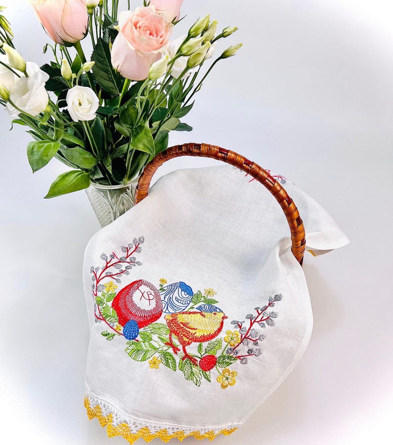 Embroidered Easter Basket Cover, White Linen Cloth with Chick and Easter Eggs, Spring Holiday Bread Basket Liner with Lace Trim