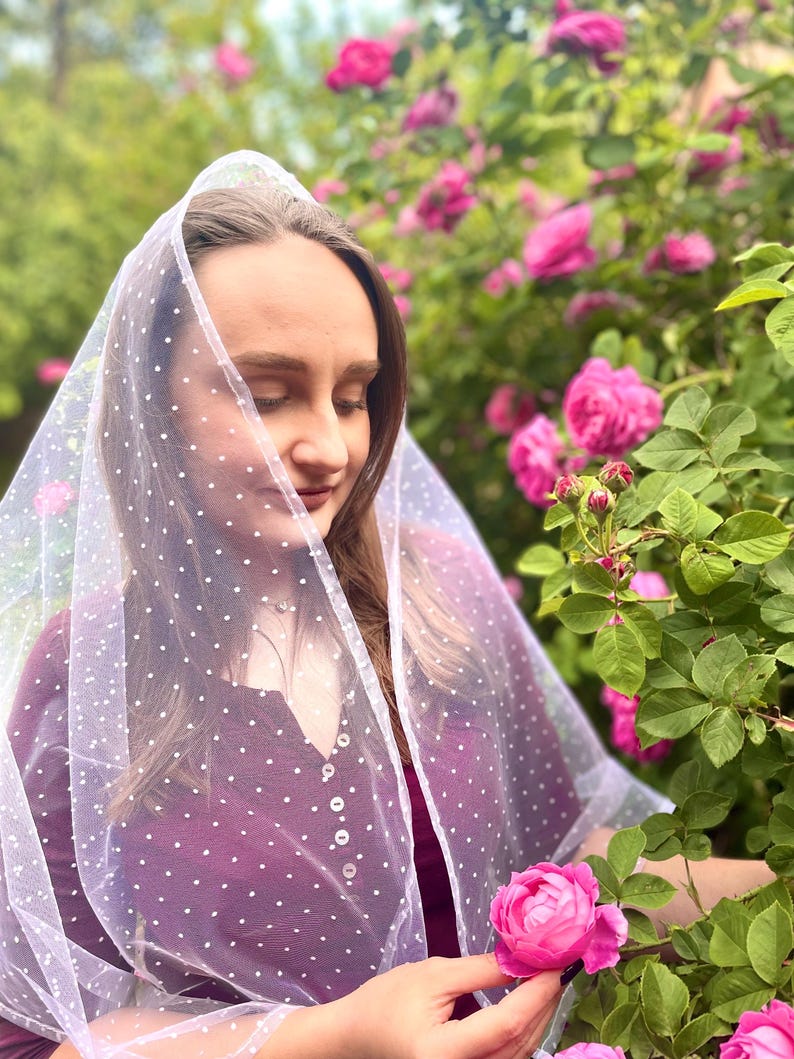 Elegant white polka dot tulle head scarf for women