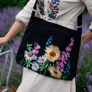 Embroidered floral shoulder bag, Boho black canvas tote, Sunflower crossbody, Slavic folk art purse, Unique ethnic gift for women