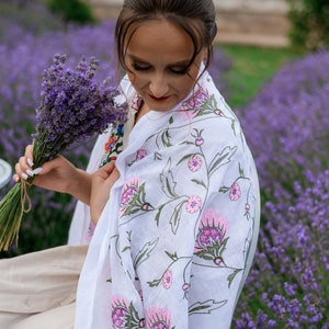 Floral Linen Shawl with Pink Thistle Embroidery – White Botanical Scarf for Women, Summer Wrap, Folk Style Gift