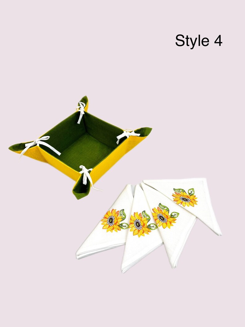 Sunflower Embroidered Linen Napkins Set with Bread Basket