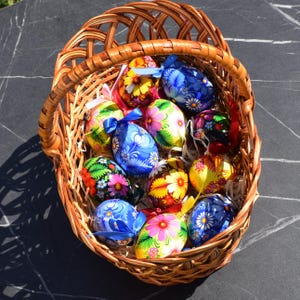 Set of 6 hand painted Easter egg ornaments with ribbons, Ukrainian folk floral wooden eggs, Gift boxed spring decor