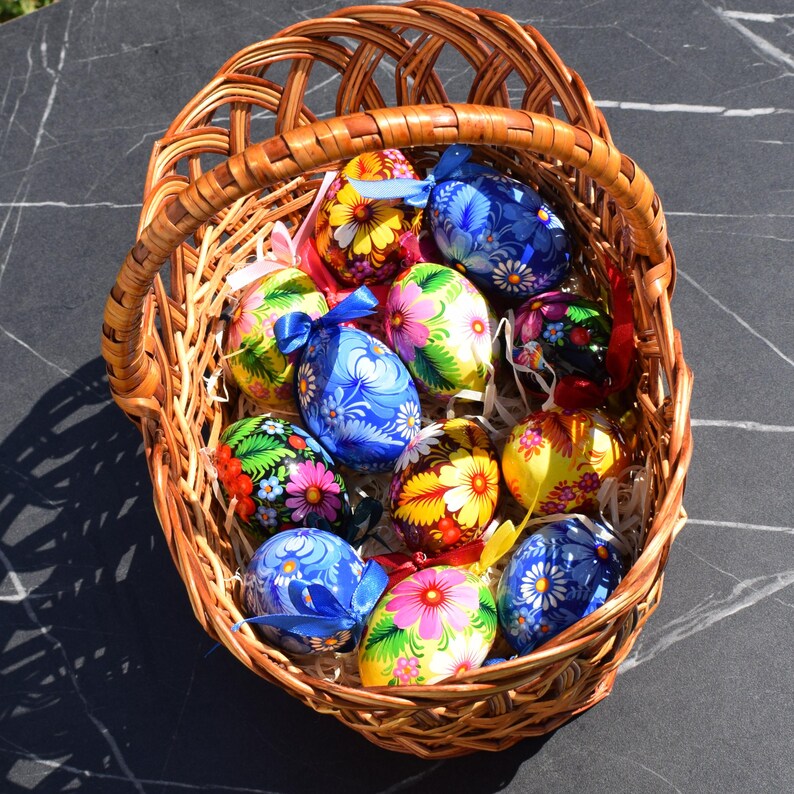 Set of 6 hand painted Easter egg ornaments with ribbons, Ukrainian folk floral wooden eggs, Gift boxed spring decor