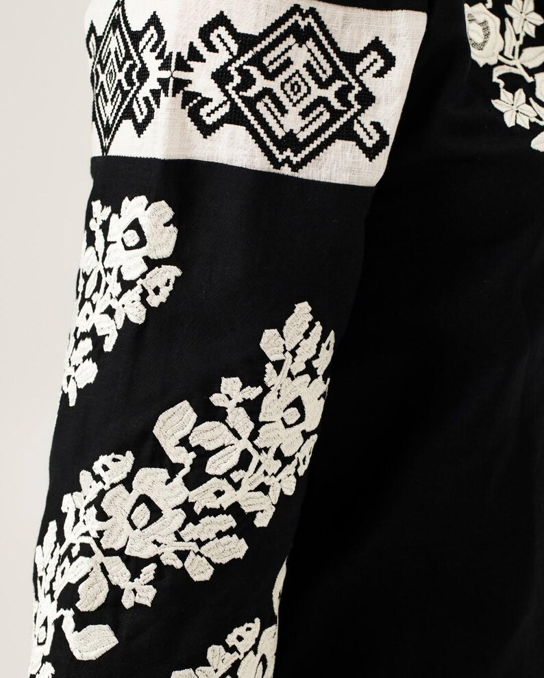 Black embroidered vyshyvanka blouse for women, White floral Ukrainian embroidery, Boho linen shirt, Traditional folk style top