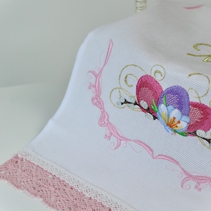 Embroidered Easter Basket Cover with Pink Lace, Orthodox Pascha Towel, Floral Egg Design Cloth Liner, Spring Basket Blessing Decor