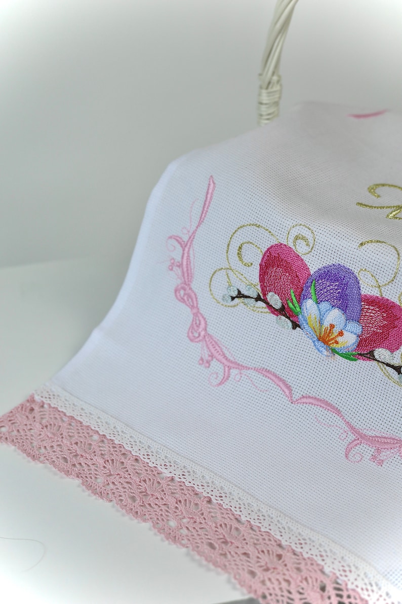 Embroidered Easter Basket Cover with Pink Lace, Orthodox Pascha Towel, Floral Egg Design Cloth Liner, Spring Basket Blessing Decor