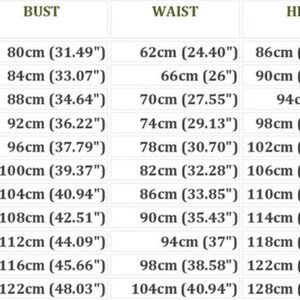 May include: A detailed size chart with measurements in centimeters and inches. The chart includes international sizes, US sizes, bust, waist, hip, and back width measurements. Sizes range from XS to 4XL, with corresponding measurements in inches and centimeters.