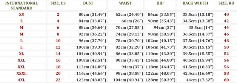 May include: A detailed size chart with measurements in centimeters and inches. The chart includes international sizes, US sizes, bust, waist, hip, and back width measurements. Sizes range from XS to 4XL, with corresponding measurements in inches and centimeters.