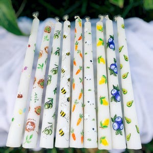 Hand painted taper candles set, 22 cm dinner candles with bees, carrots, lemons, blueberries, avocados & nests, Spring decor, 2 cm base