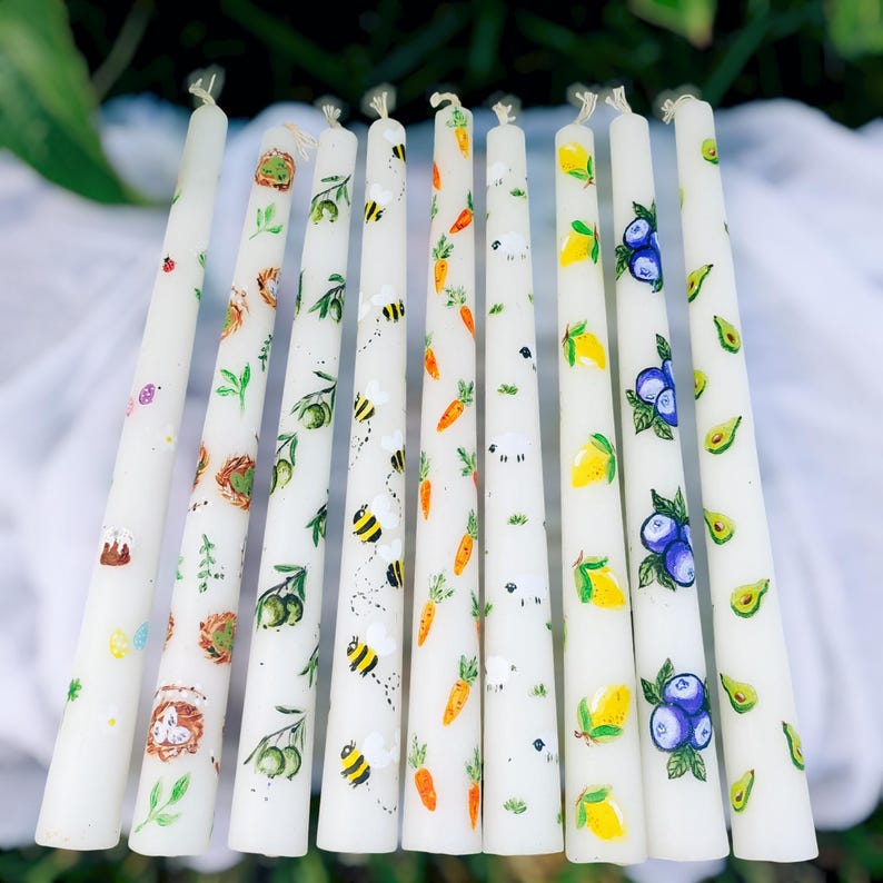 Hand painted taper candles set, 22 cm dinner candles with bees, carrots, lemons, blueberries, avocados & nests, Spring decor, 2 cm base